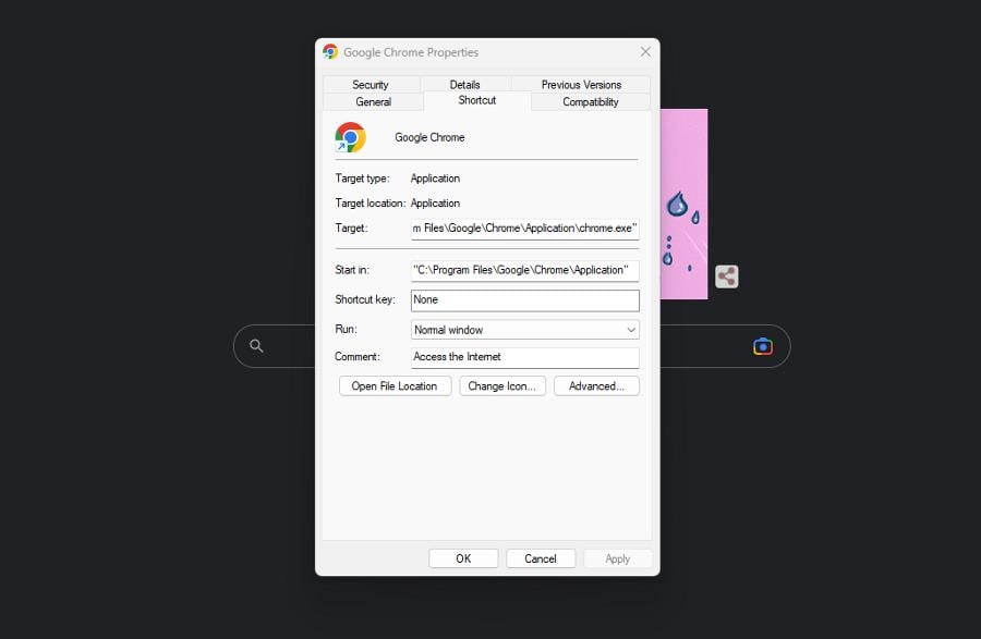 окно смены значка ярлыка Chrome