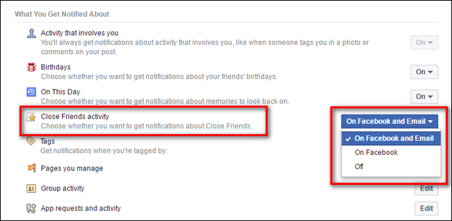 Параметры 'Деятельность близких друзей' — выбор 'На Facebook и по электронной почте'