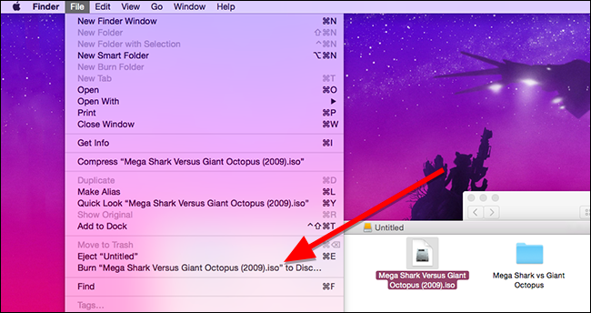 Finder: меню File с опцией 'Burn [IMAGE NAME] to Disc'