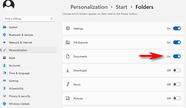 In the Personalization > Start > Folders menu, switch on any folders you'd like to see in the Start menu.