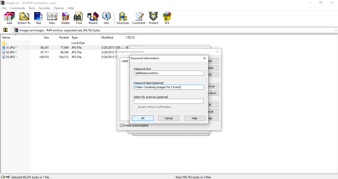 Окно добавления пароля в менеджер WinRAR