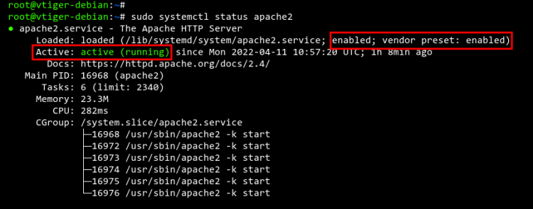 статус службы apache2