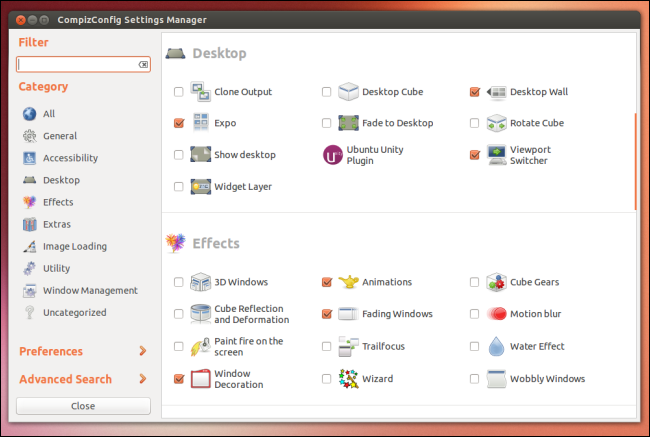 Окно CompizConfig Settings Manager с плагинами Compiz