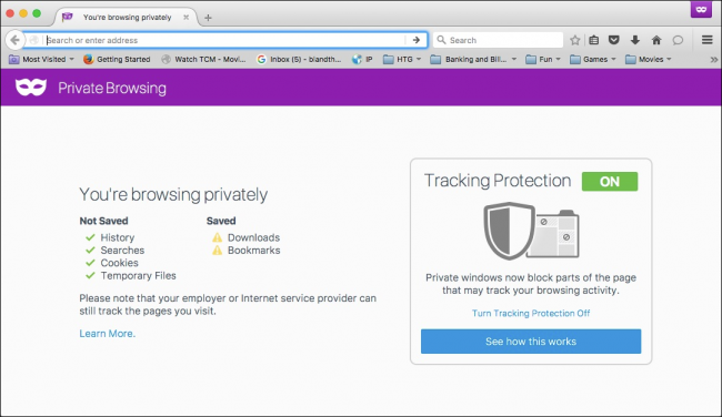 Приватное окно Firefox с фиолетовой полосой и иконкой приватности