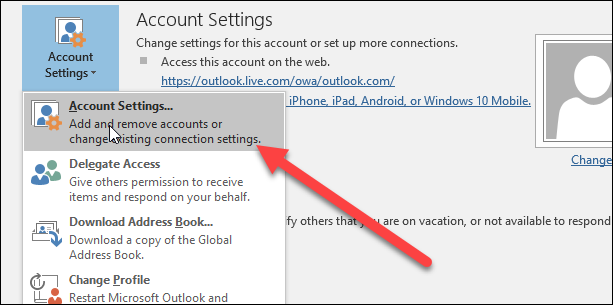 Пункт Account Settings в выпадающем меню Outlook