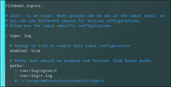 Редактирование файла конфигурации Filebeat для указания путей и выходного адреса Elasticsearch.