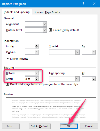 Установка замены на интервал до 0 пт и после 8 пт