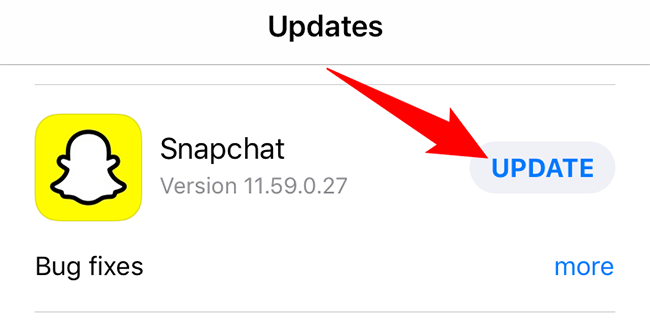 Нажмите «Обновить» рядом со Snapchat.