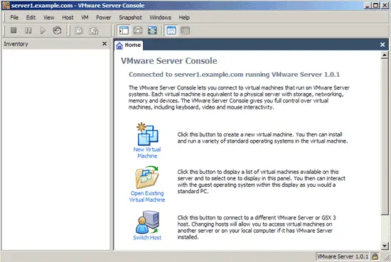 Окно входа в VMware Server: адрес, логин root, пароль