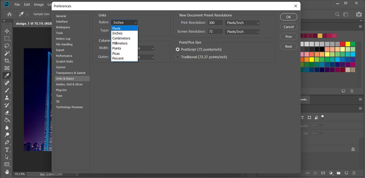 Change Photoshop measurements
