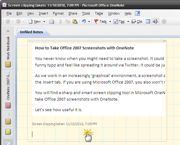 Пример вставленного скриншота с отметкой времени в OneNote