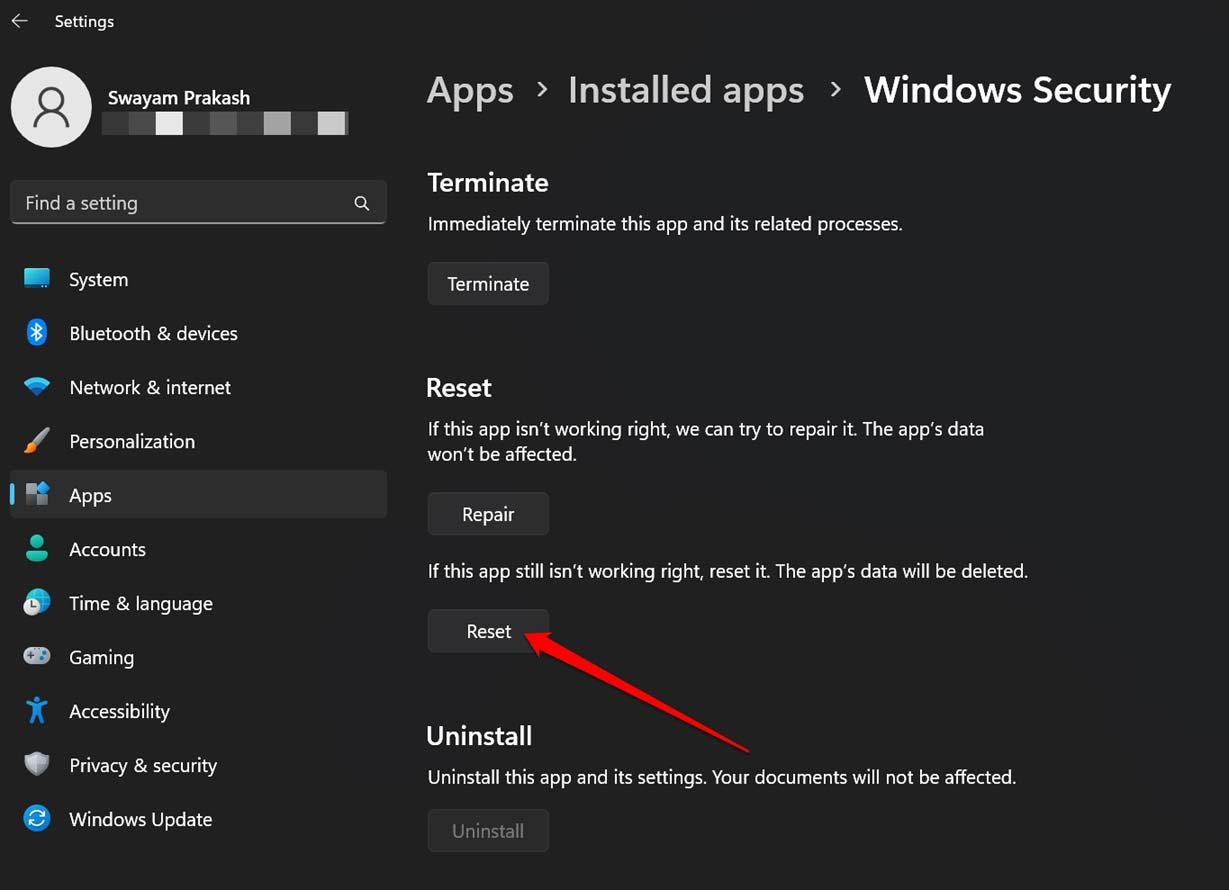 Windows 보안 앱 재설정 화면