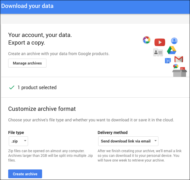 Создание архива в Google Takeout