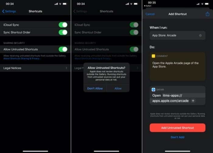 Разрешить ненадёжные ярлыки в iOS 13
