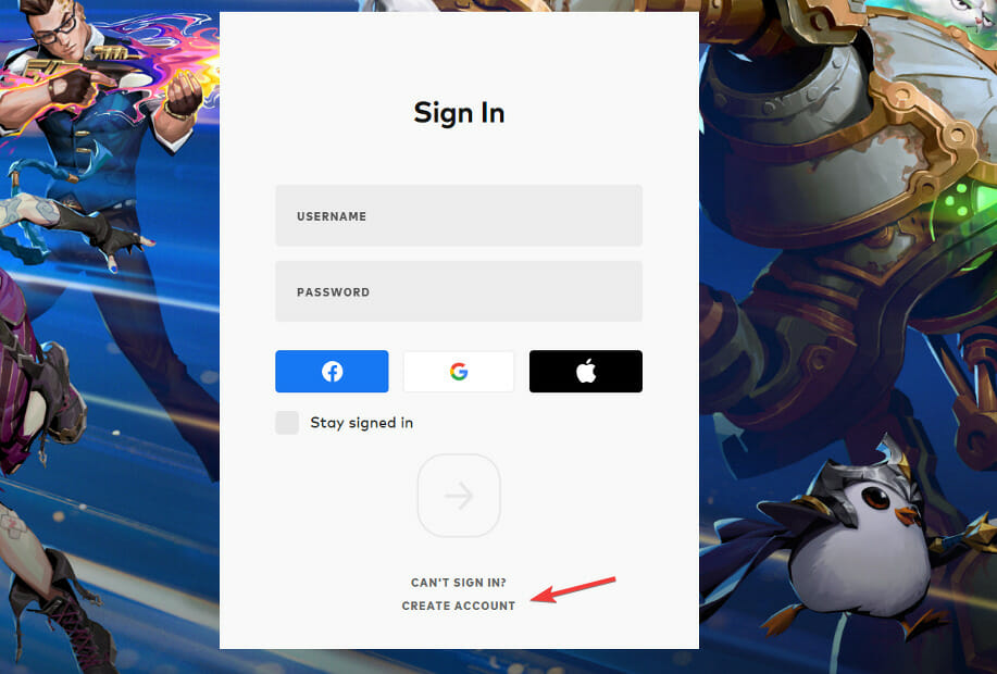 Страница создания аккаунта Riot