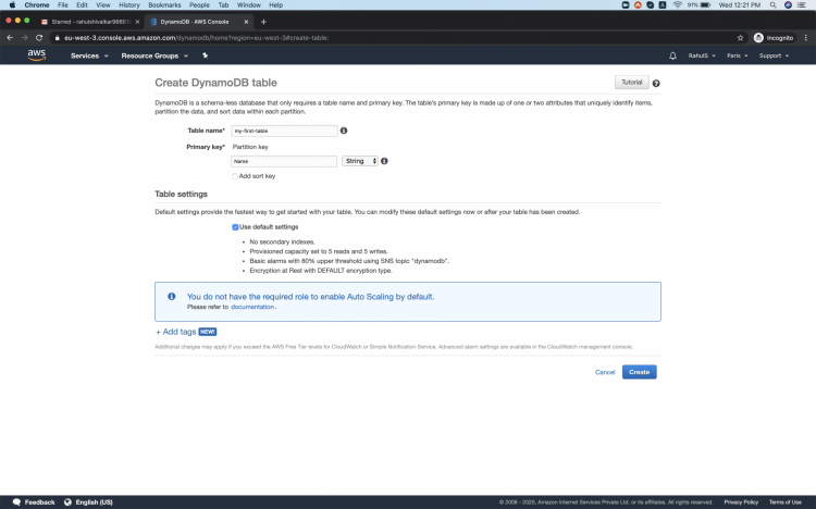 Форма создания таблицы, поля Table name и Partition key заполнены