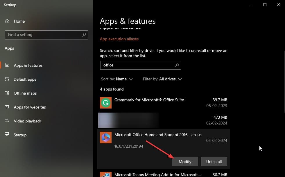 Bouton Modifier pour Microsoft Office dans la liste des programmes