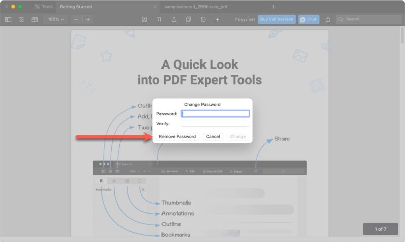 Кнопка Remove Password в PDF Expert выделена