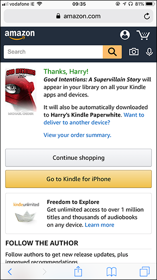 Подтверждение покупки Kindle на мобильном сайте