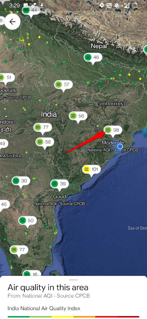 Нажмите на значок AQI, чтобы узнать подробности о качестве воздуха в районе