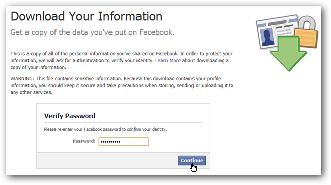 Подтверждение пароля перед генерацией архива Facebook