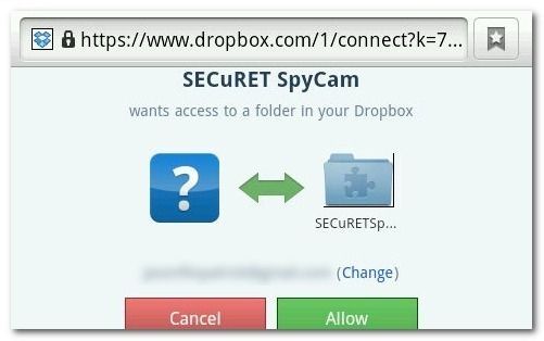 Авторизация Dropbox в SECuRET SpyCam