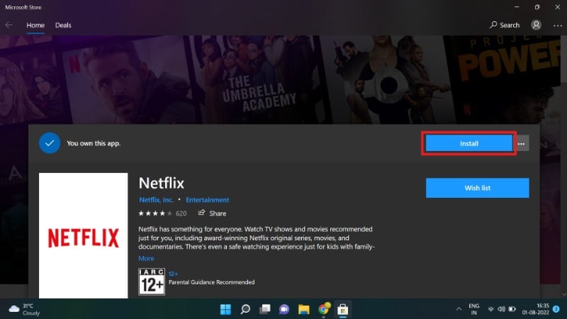 Кнопка загрузки в приложении Netflix для Windows