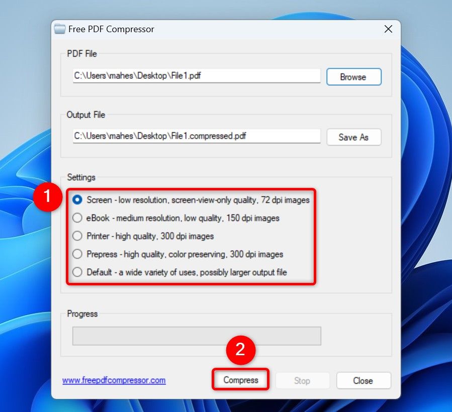Параметры сжатия и Compress выделено в Free PDF Compressor