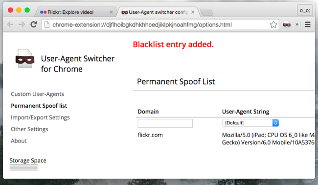 Список сайтов в расширении для подмены user agent