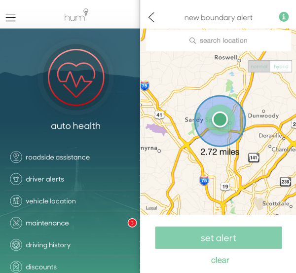 Интерфейс Hum на экране смартфона, показывающий данные по автомобилю и карту