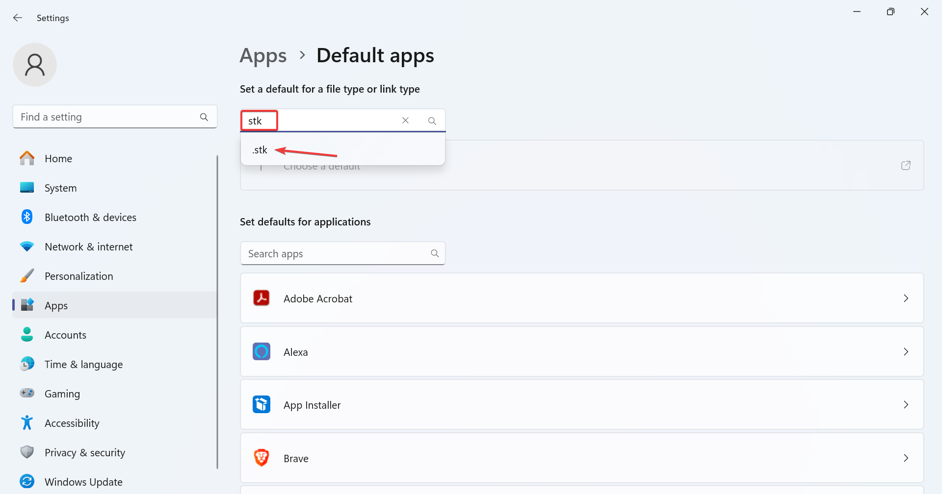 Поиск типа файла .stk в настройках Windows