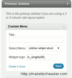 Schermata Widget Logic che mostra il campo per i conditional tag