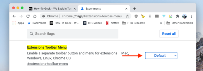 Выпадающий список флага Extensions Toolbar Menu в Chrome