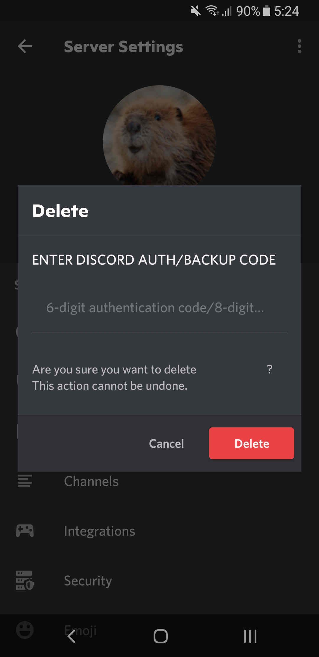 Подтверждение удаления сервера в мобильном Discord