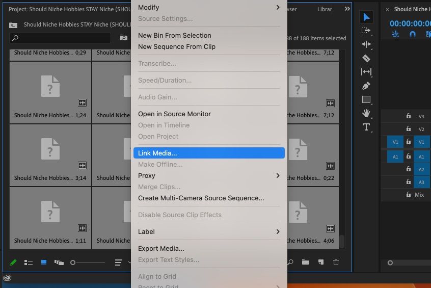 Окно «Link Media» в Premiere Pro для сопоставления заглушки с оригинальным видео