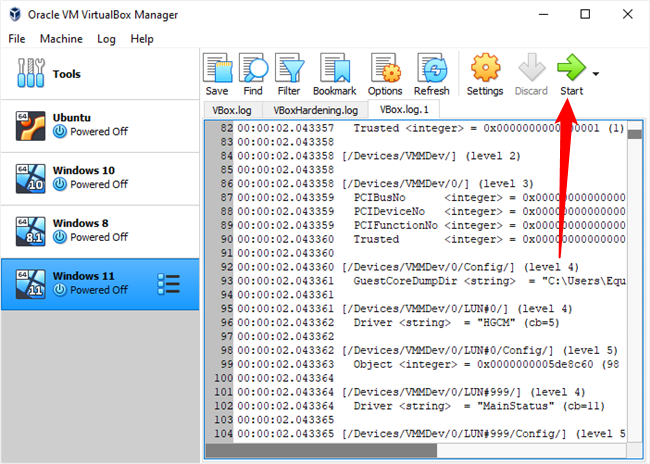 Нажмите зелёную кнопку Start в VirtualBox, чтобы запустить ВМ.