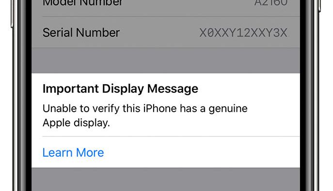 Предупреждение о неоригинальной запчасти на экране iPhone