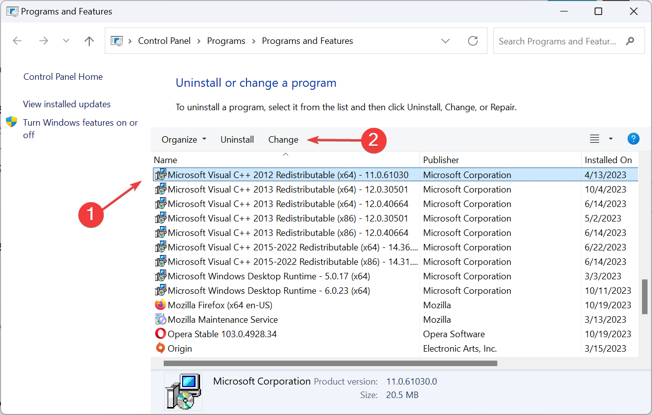 Выбор Microsoft Visual C++ Redistributable — изменить/восстановить