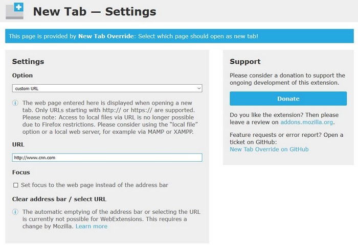 Скриншот настроек New Tab Override с полем для ввода адреса сайта