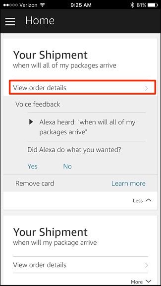 Экран приложения Alexa с опцией просмотра деталей заказа