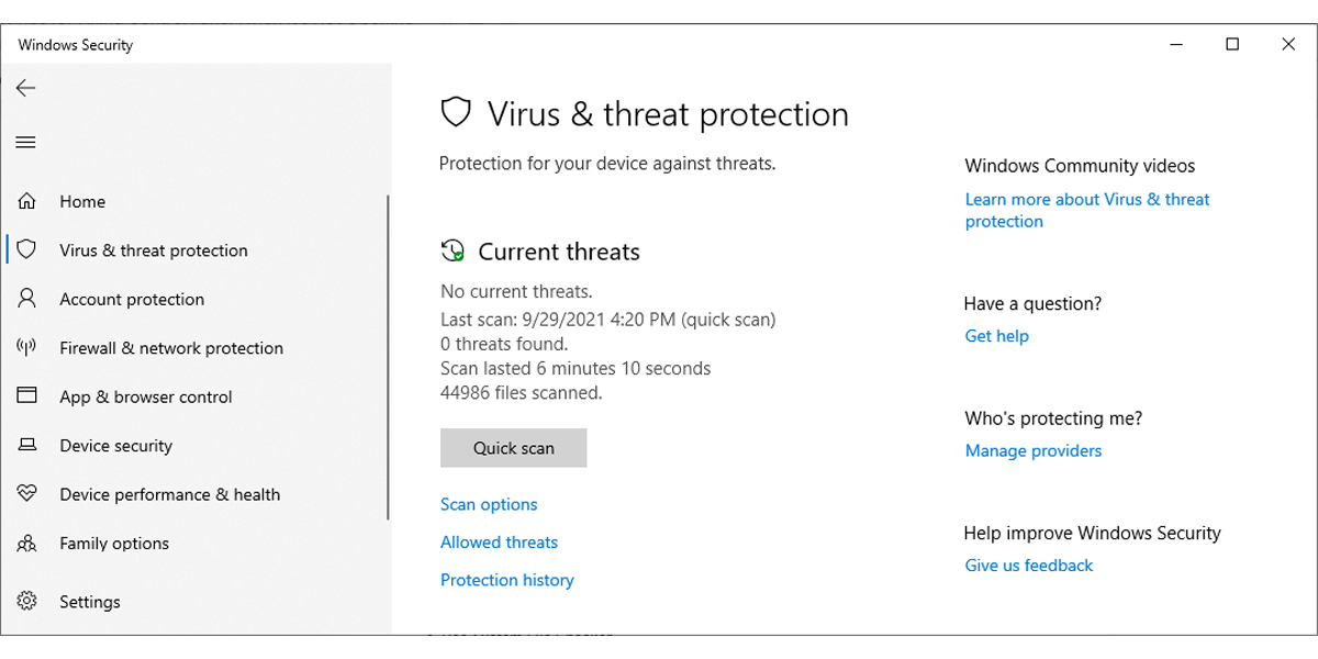 Меню Защита от вирусов и угроз в Windows 10