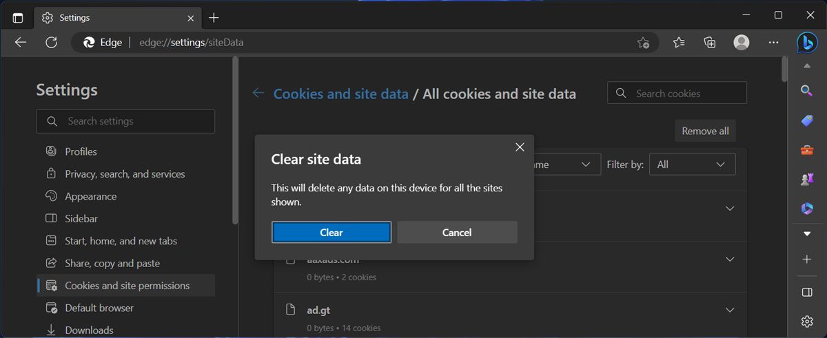 Удаление всех cookie