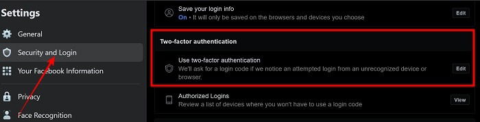 Vue sécurité et connexion Facebook sur PC