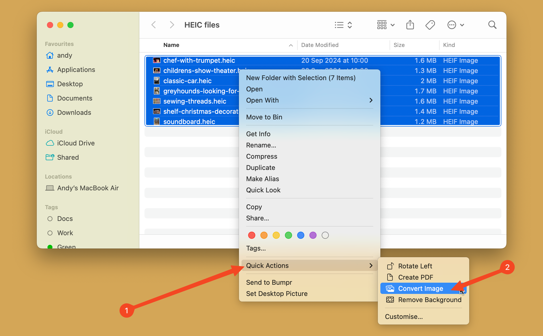 Пункт меню «Преобразовать изображение» в macOS в контекстном меню Быстрых действий.