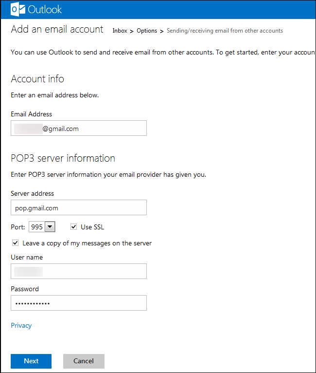Дополнительные параметры подключения POP3