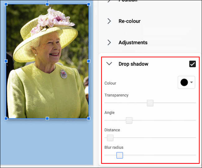 Применение эффектов (тень и отражение) к изображению в Google Slides