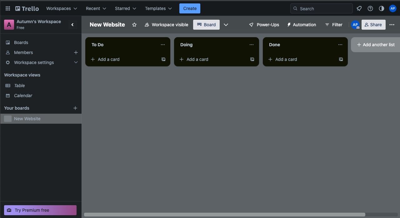 Пустая доска проекта в приложении для управления задачами