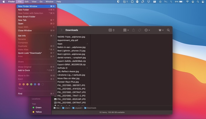 Открытие нового окна Finder