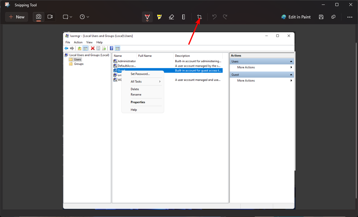 Инструмент обрезки в Snipping Tool
