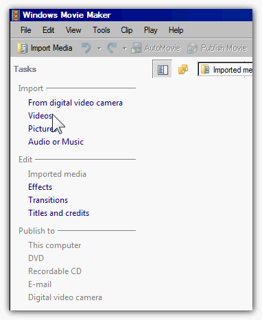 Импорт видео в Windows Movie Maker — окно 'Импорт'